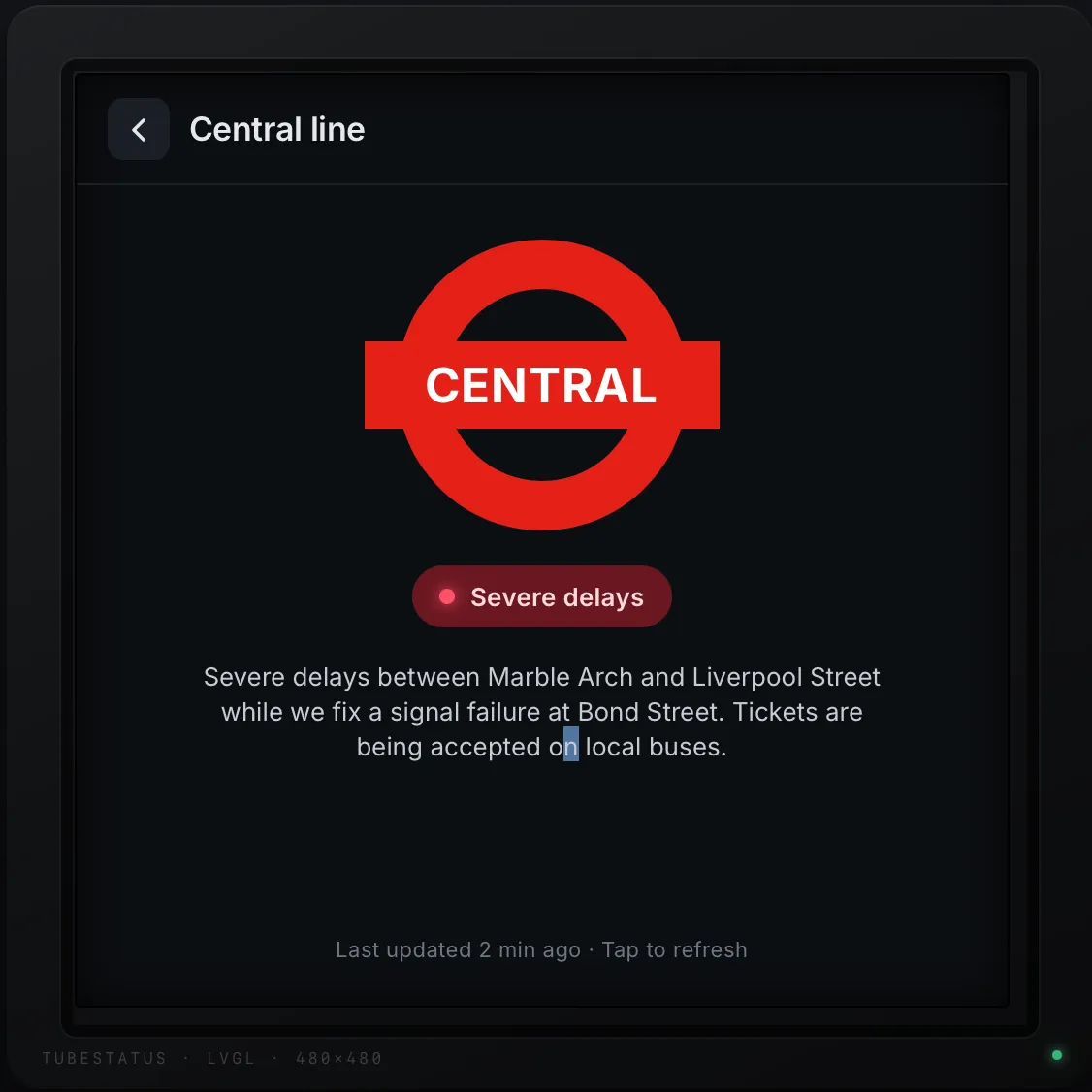 A screen showing the status of a specific tube line