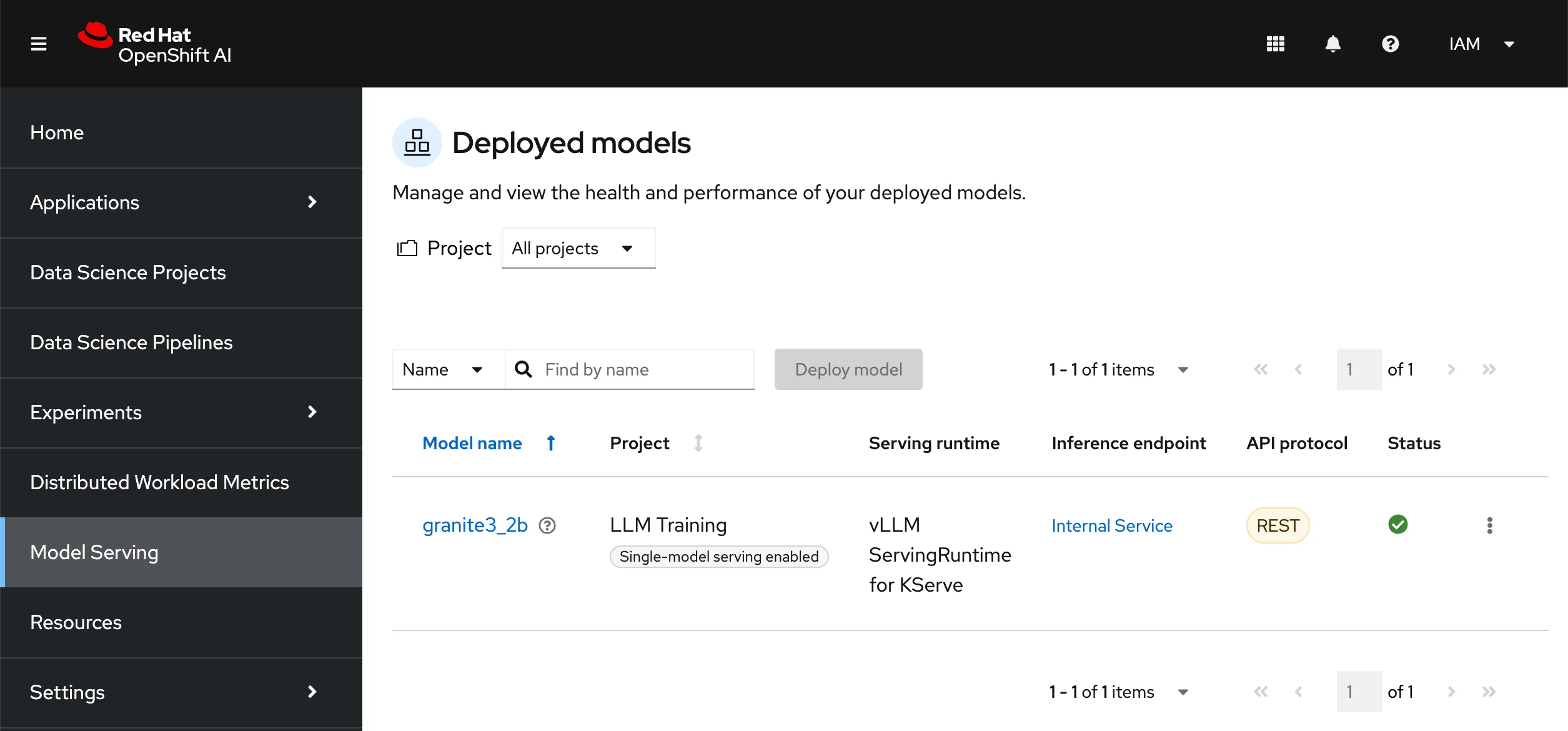 The openshift ai model serving page showing granite 3 2b in the list