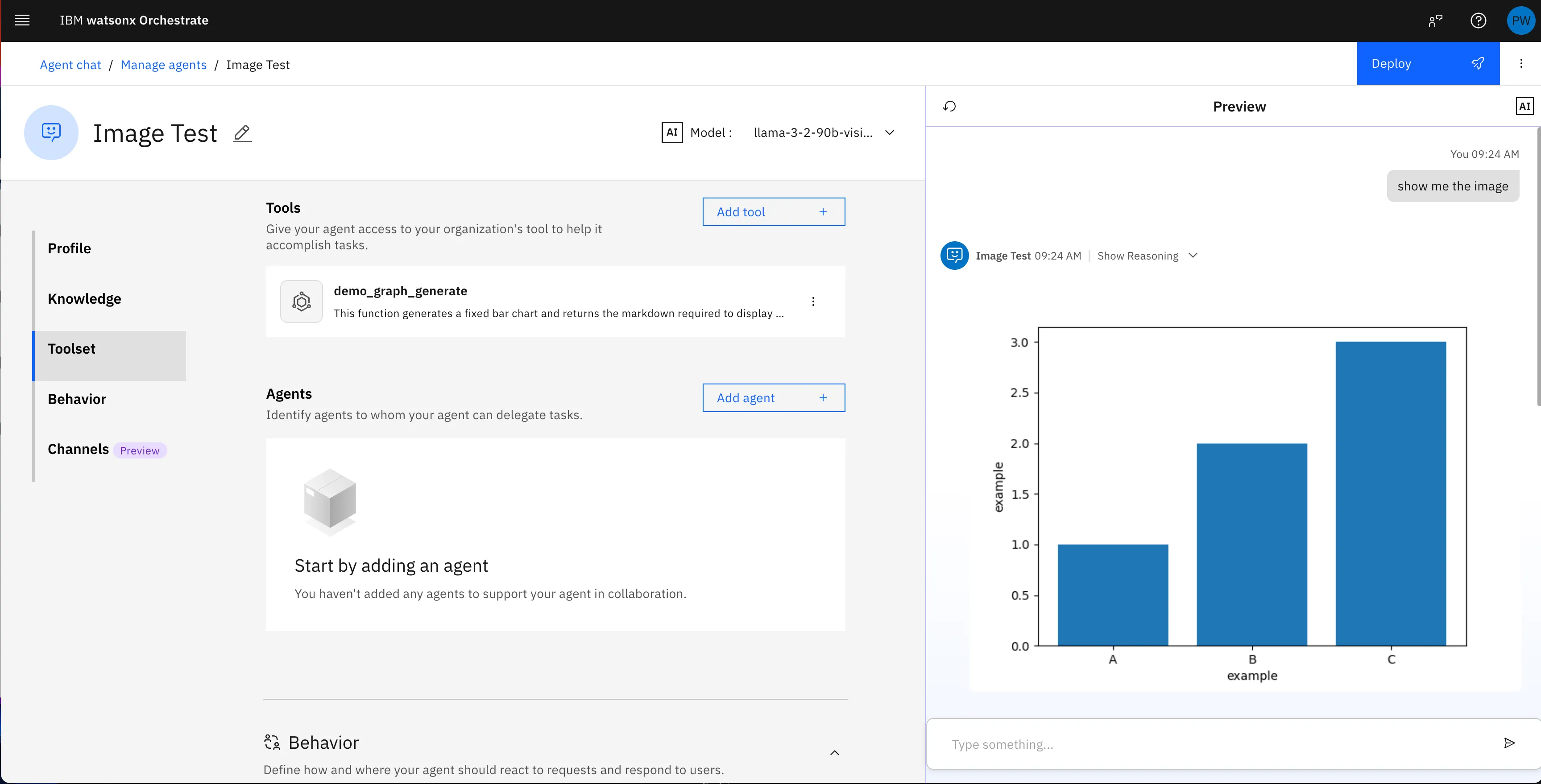 IBM watsonx Orchestrate rendering an image in the chat